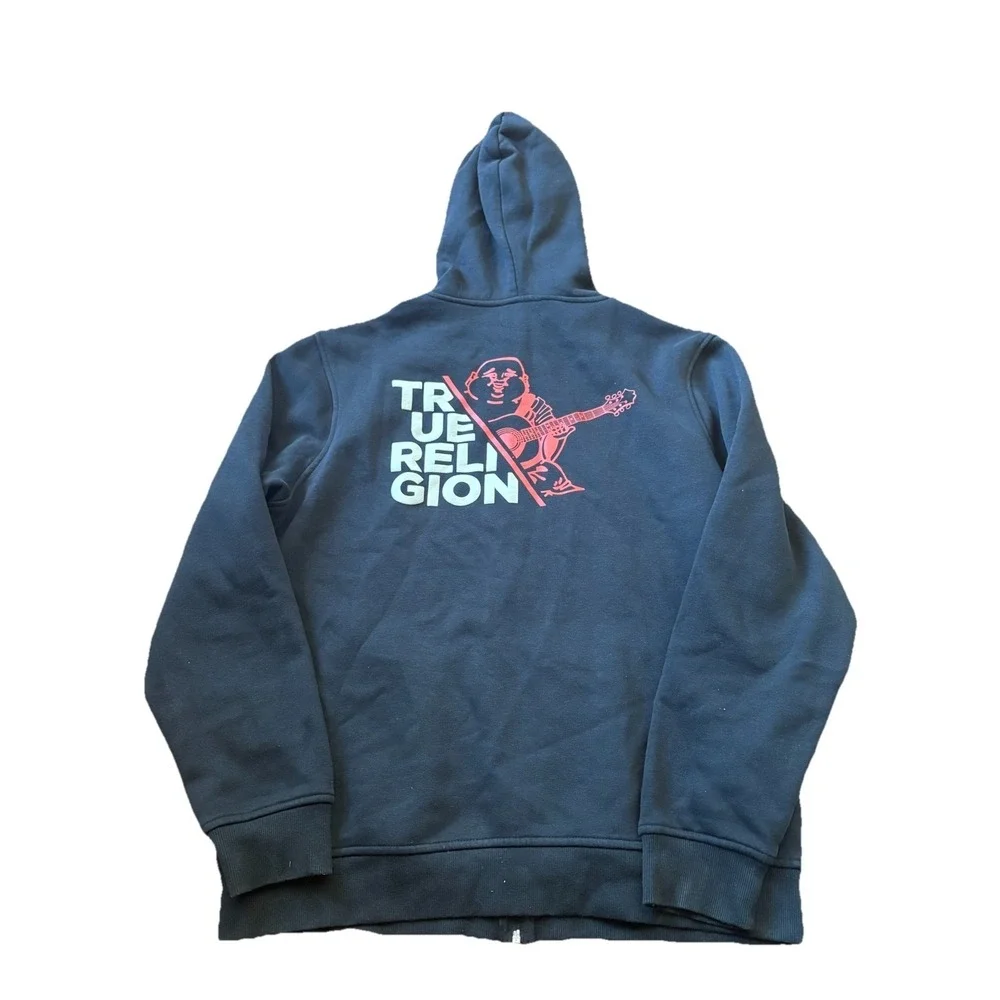 True Religion Full Zip Up Black Graphic Logo Hoodie Men's XXL Y2K Pullover